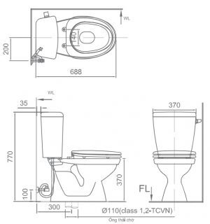 Bản vẽ bồn cầu INAX C-117VA - Xí bệt bàn cầu vệ sinh 2 khối nắp thường