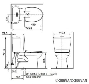 Bản vẽ bồn cầu INAX C-306VAN - Xí bệt bàn cầu vệ sinh 2 khối nắp êm
