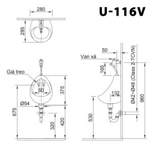 Bản vẽ kĩ thuật Bồn tiểu nam INAX U-116V treo tường