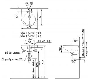 Bản vẽ kĩ thuật Chậu rửa mặt lavabo INAX L-282V (EC FC) treo tường