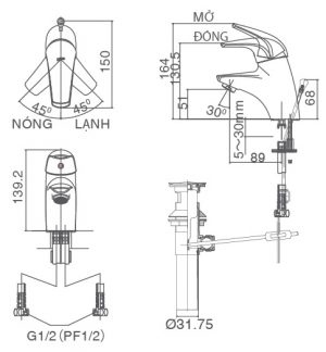 INAX LFV-3002S - Vòi chậu lavabo nóng lạnh 3 Bản vẽ kỹ thuật vòi INAX nóng lạnh LFV-3002S