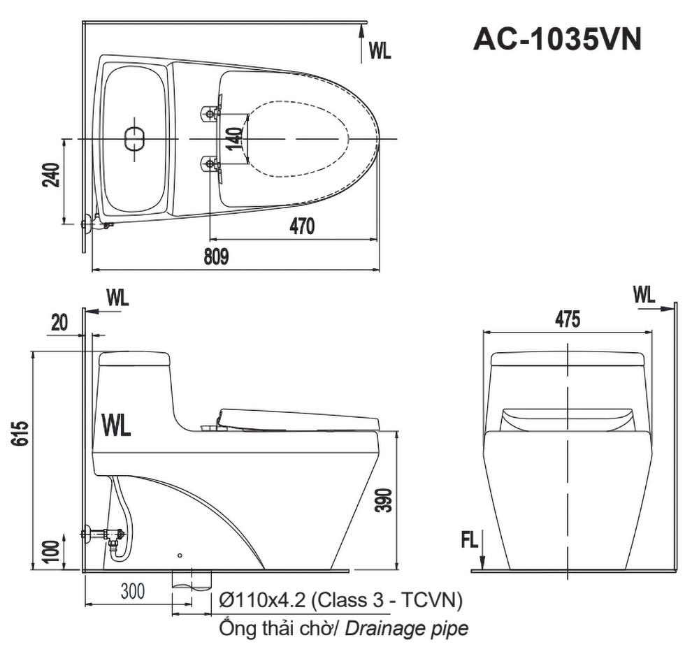 INAX AC-1035 CW-H20VN - Bồn cầu thông minh nắp điện tử 6 ban ve ki thuat bon cau 1 khoi inax ac 1035vn ac1035vn aqua ceramic nap em