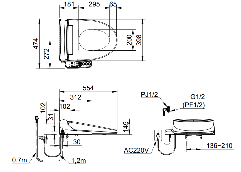 INAX ACT-832 CW-KB22AVN - Bồn cầu thông minh nắp điện tử 3 Bản vẽ kỹ thuật nắp thông minh CW-KB22AVN