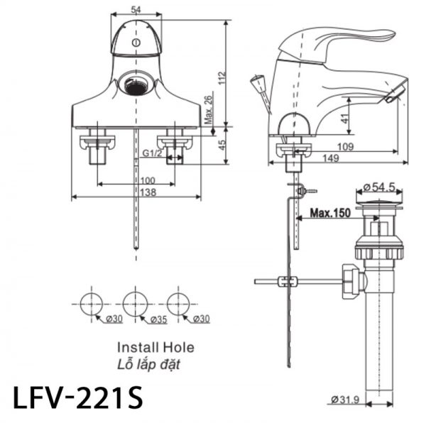 Bản vẽ kỹ thuật Vòi chậu lavabo INAX LFV-221S nóng lạnh 3 lỗ