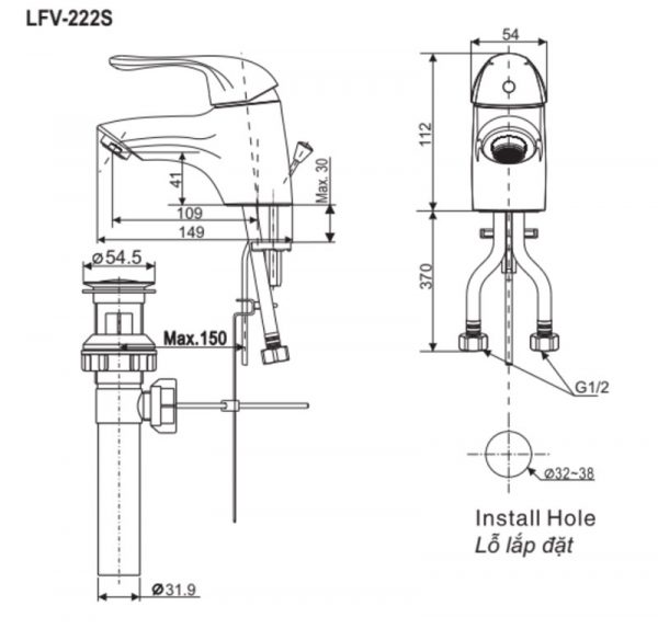 Bản vẽ kỹ thuật Vòi chậu lavabo INAX LFV-222S nóng lạnh 1 lỗ