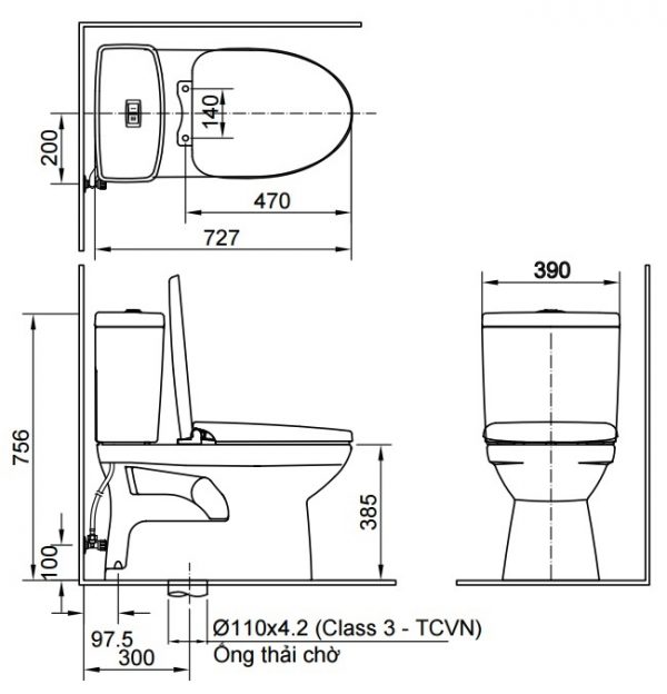 Bản vẽ bệ xí bệt INAX 504 xả nhấn nắp rửa cơ