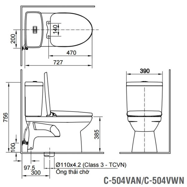 Bản vẽ bệt inax 504 nắp điện tử CW-H18