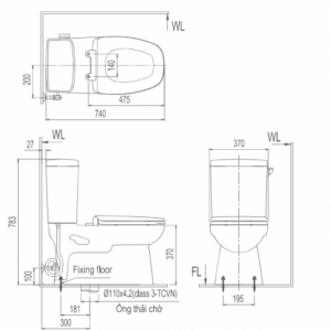 INAX AC-838VN (AC838VN) - Bồn cầu 2 khối Aqua Ceramic nắp êm 3 Bản vẽ bồn cầu INAX AC-838VN - Xí bệt bàn cầu vệ sinh 2 khối xả gạt