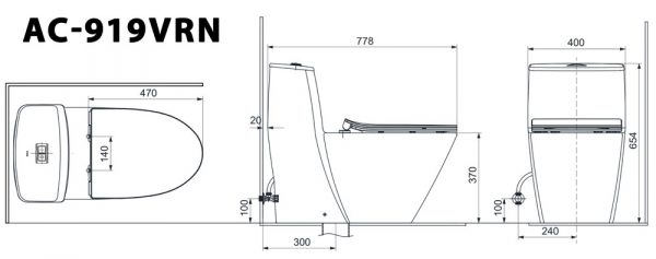 Bản vẽ kĩ thuật Bồn cầu 1 khối INAX AC-919VRN Aqua Ceramic nắp êm