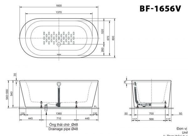 Bản vẽ kĩ thuật Bồn tắm INAX BF-1656V lập thể 1.6M