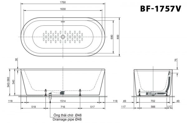 Bản vẽ kĩ thuật Bồn tắm INAX BF-1757V lập thể 1.7M