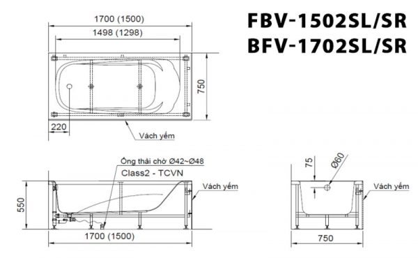 Bản vẽ kĩ thuật Bồn tắm INAX FBV-1502SL FBV-1502SR FBV-1702SL FBV-1702SR chân yếm 1.5M 1.7m