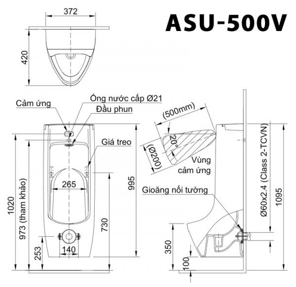 Bản vẽ kĩ thuật Bồn tiểu nam INAX ASU-500V cảm ứng dùng pin treo tường