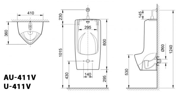 Bản vẽ kĩ thuật Bồn tiểu nam INAX AU-411V U-411V treo tường