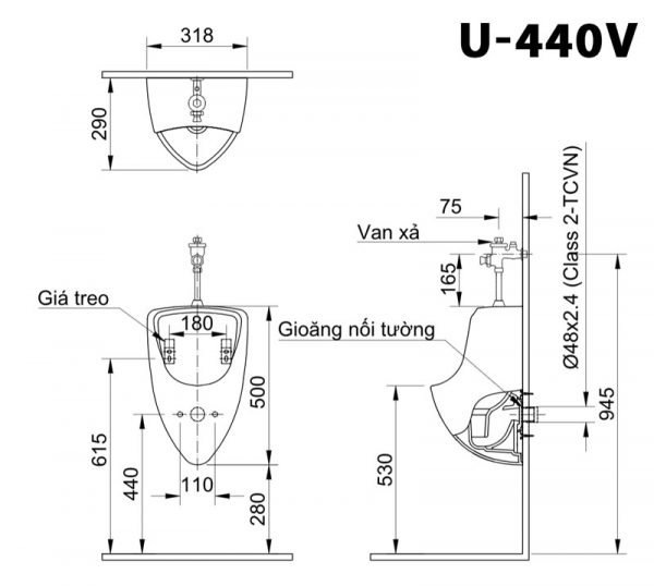 Bản vẽ kĩ thuật Bồn tiểu nam INAX U-440V treo tường