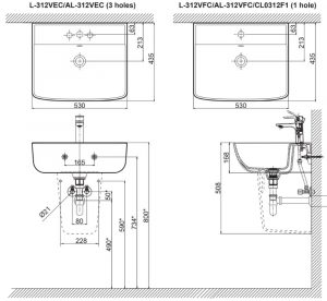 INAX AL-312V (EC/FC) - Chậu rửa mặt lavabo treo tường Aqua Ceramic 5 Bản-vẽ-kĩ-thuật-Chậu-rửa-mặt-lavabo-INAX-AL-312V-đặt-bàn