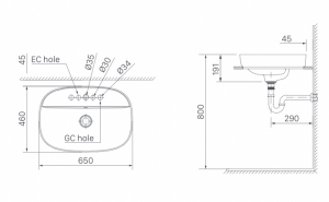 Bản vẽ kĩ thuật Chậu rửa mặt lavabo INAX AL-652V đặt bàn