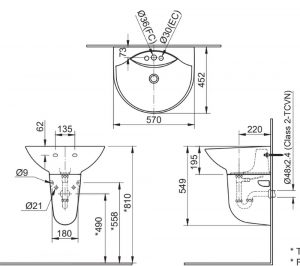 Bản vẽ kĩ thuật Chậu rửa mặt lavabo INAX L-288V (EC FC) L-288VC chân lửng treo tường