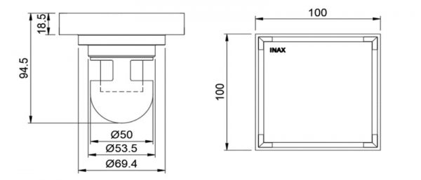 Bản vẽ kĩ thuật Ga thoát sàn INAX FDV-10F vuông 100x100mm