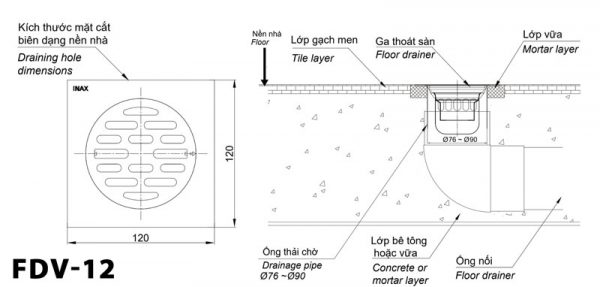 Bản vẽ kĩ thuật Ga thoát sàn INAX FDV-12 vuông 120x120mm