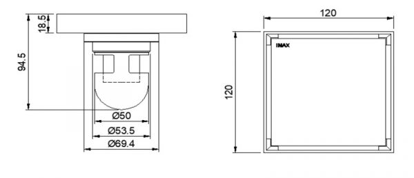 Bản vẽ kĩ thuật Ga thoát sàn INAX FDV-12F vuông 120x120mm