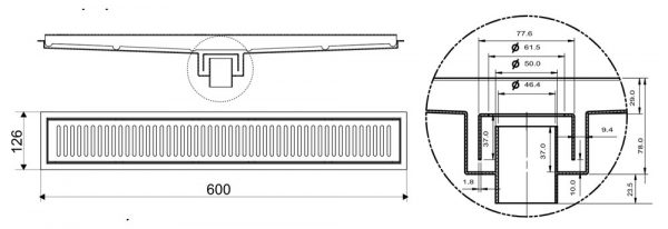 Bản vẽ kĩ thuật Ga thoát sàn INAX PBFV-600 Kiểu Dài 600x100mm