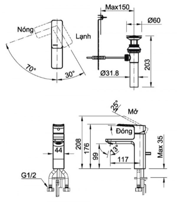 Bản vẽ kỹ thuật Vòi chậu lavabo INAX LFV-5012S nóng lạnh 1 lỗ