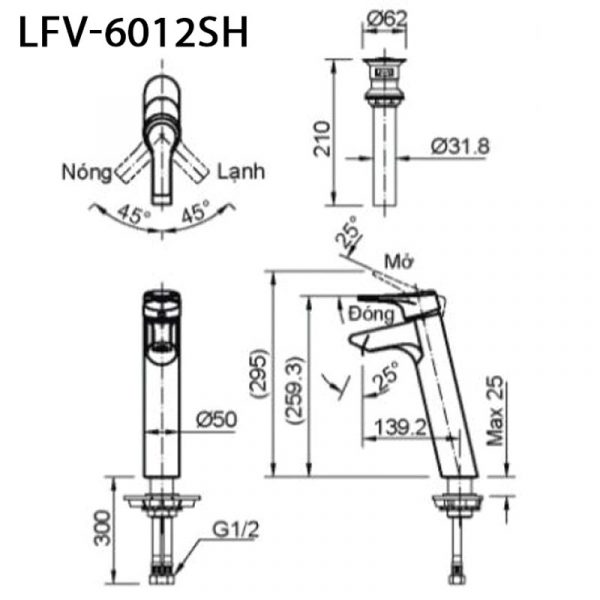 Bản vẽ kỹ thuật Vòi chậu lavabo INAX LFV-6012SH nóng lạnh 1 lỗ cổ cao