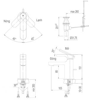 INAX LFV-6002S - Vòi chậu lavabo nóng lạnh 5 Bản vẽ kỹ thuật vòi lavabo nóng lạnh INAX LFV-6002S