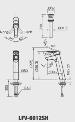INAX LFV-6012SH - Vòi chậu lavabo cổ cao nóng lạnh 4 Bản vẽ kỹ thuật vòi lavabo nóng lạnh INAX LFV-6012SH