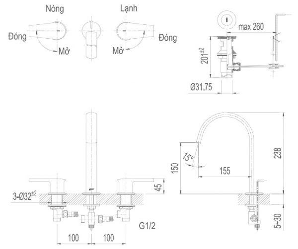 Bản vẽ kỹ thuật vòi lavabo nóng lạnh INAX LFV-7100B