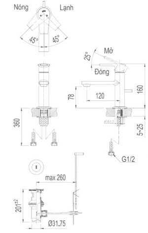 INAX LFV-7102S - Vòi chậu lavabo nóng lạnh 5 Bản vẽ kỹ thuật vòi lavabo nóng lạnh inax LFV-7102S