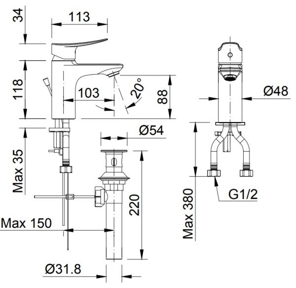 Bản vẽ kỹ thuật vòi lavabo nóng lạnh LFV-502S