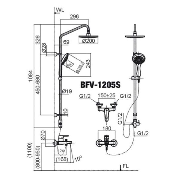 Bản-vẽ-kỹ-thuật Vòi-sen-cây INAX-BFV-1205S nóng lạnh