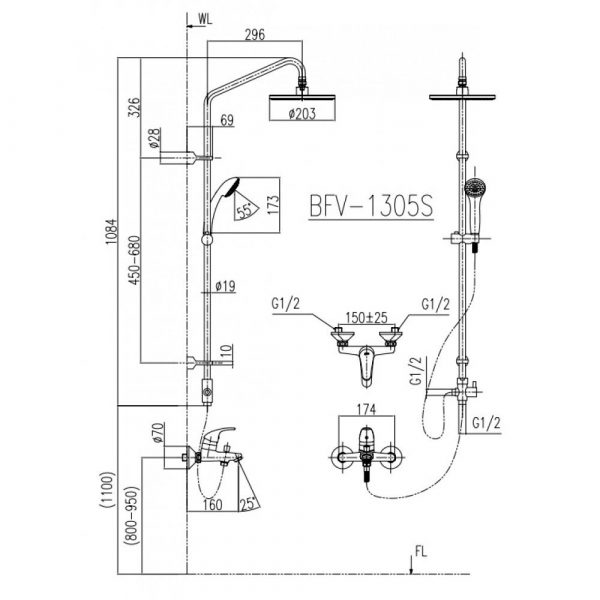 Bản-vẽ-kỹ-thuật Vòi-sen-cây INAX-BFV-1305S nóng lạnh