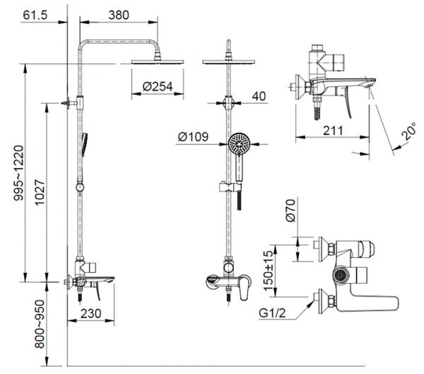 Bản vẽ kỹ thuật Vòi sen cây INAX BFV-515S nóng lạnh