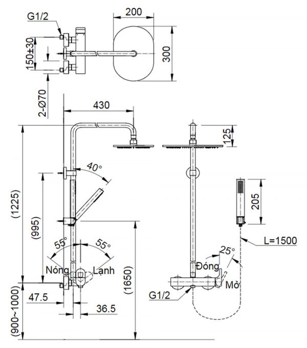 Bản-vẽ-kỹ-thuật Vòi-sen-cây INAX-BFV-60S nóng lạnh