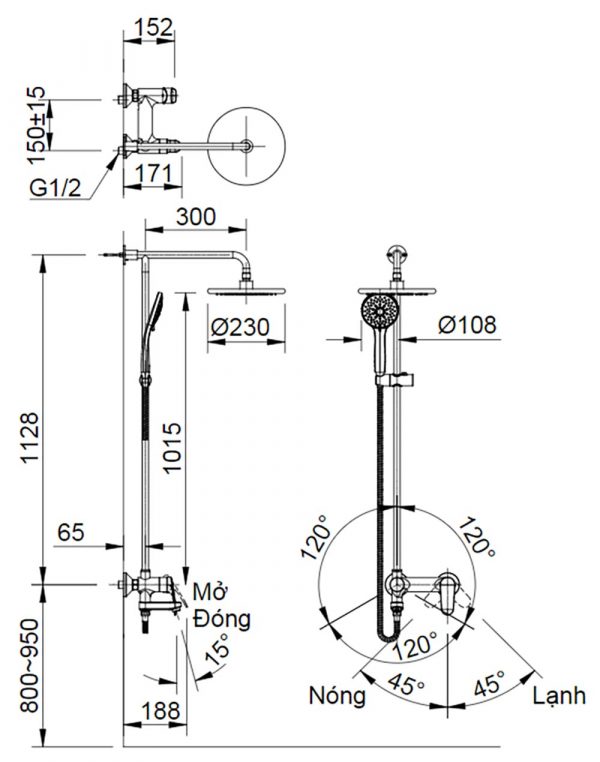 Bản-vẽ-kỹ-thuật Vòi-sen-cây INAX-BFV-915S nóng lạnh