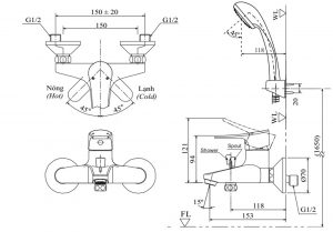 Bản-vẽ-kỹ-thuật Vòi-sen-tắm INAX-BFV-1003S-1C nóng lạnh