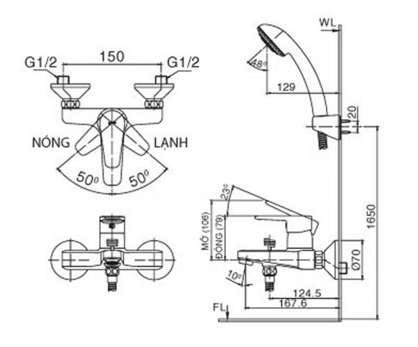 Bản-vẽ-kỹ-thuật Vòi-sen-tắm INAX-BFV-1203S-4C nóng lạnh