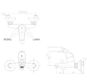 Bản vẽ kỹ thuật Vòi sen tắm nóng lạnh INAX BFV-1303S-4C