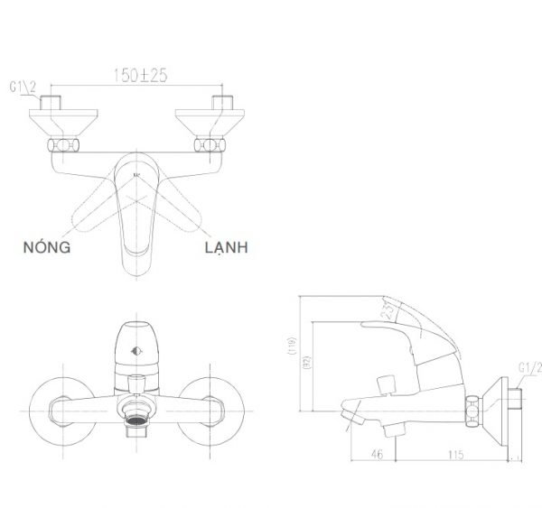 Bản vẽ kỹ thuật Vòi sen tắm nóng lạnh INAX BFV-1303S-4C