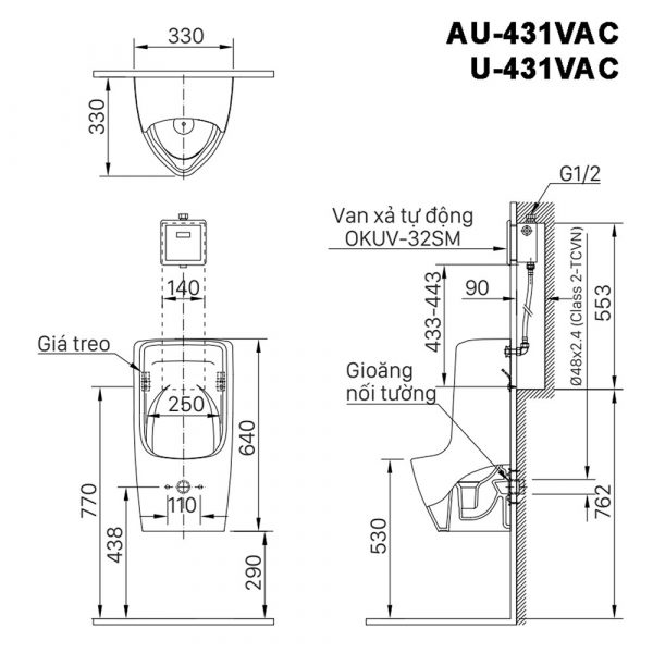 Ban ve ki thuat Bon tieu nam INAX U 431VAC AU 431VAC treo tuong cap am