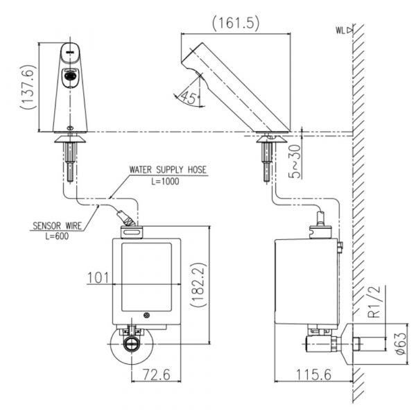 Ban ve ky thuat Voi chau lavabo INAX AMV 300 cam ung pin nuoc lanh